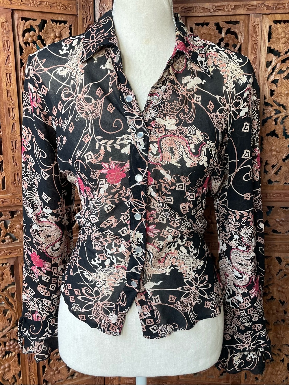 ROUGE Vintage 90s Y2K Black Sheer Chiffon Floral Dragon Button-Up Pearl Snap